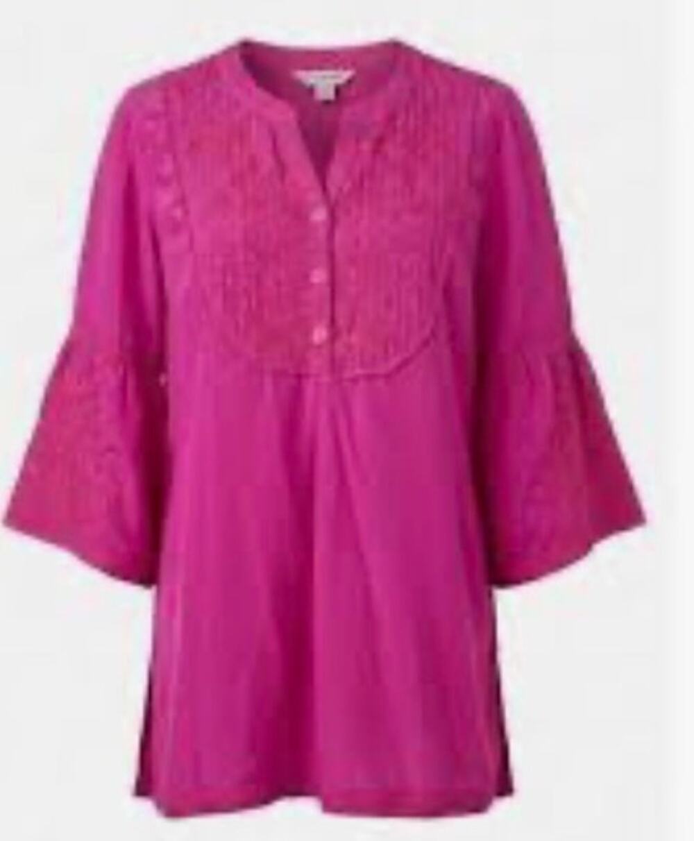 John Mark Blouse Top Embroidered Bell Sleeve Floral Fuchsia Pink Lg Boho Artsy